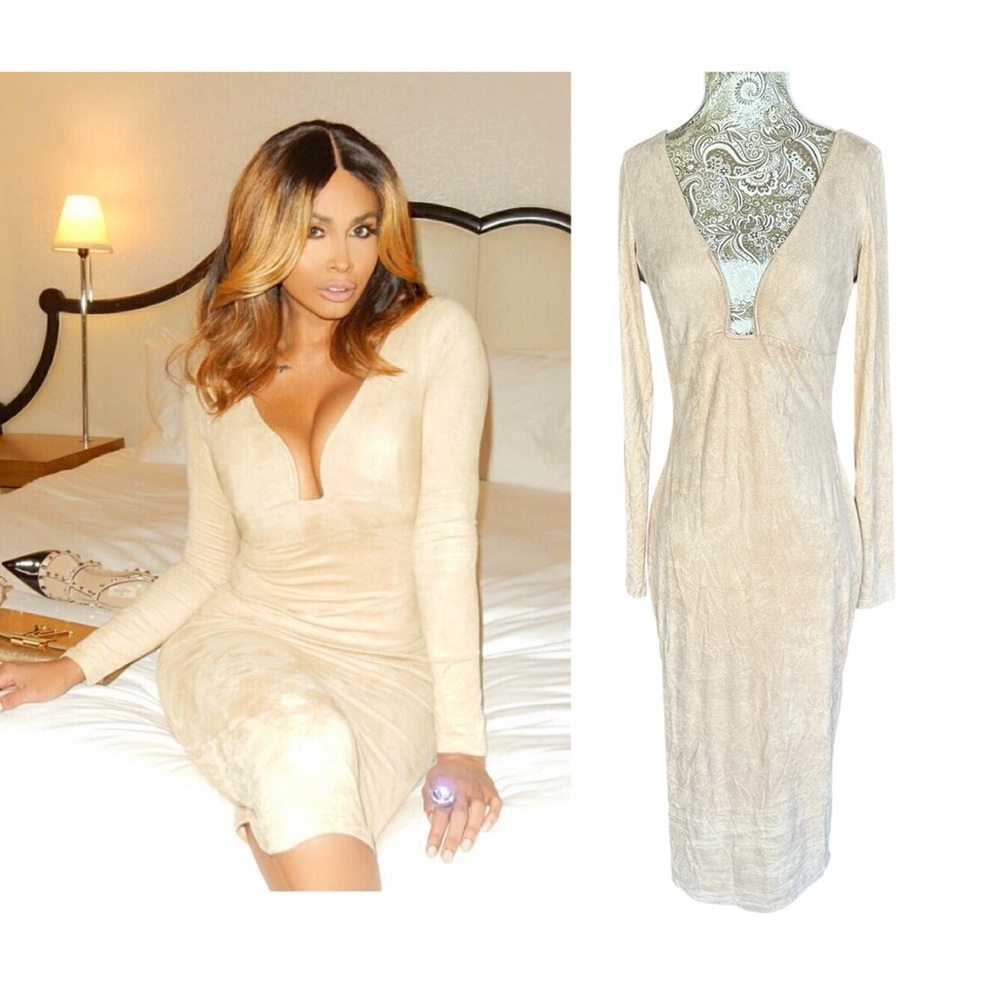 Sexy Stretch Suede Beige Long Sleeve Bodycon Dress Baddie Hot Retro Size Medium